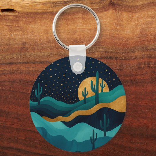Golden Desert Nightscape - Abstracte Cactus kunst Sleutelhanger (Achterkant)