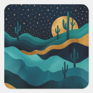 Golden Desert Nightscape - Abstracte Cactus kunst Vierkante Sticker