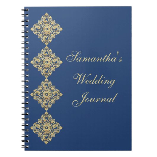 Golden Diamond Damask Blue Wedding Journal Notitieboek (Voorkant)