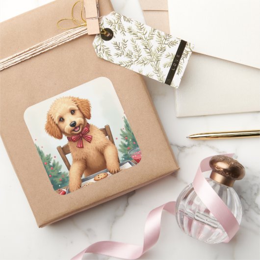 Golden Doodle Decorating Christmas Cookies Vierkante Sticker (Geschenken)
