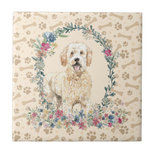 Golden Doodle Dog Paw Print Floral Cute Beige Tegeltje