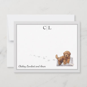 Golden Doodle Puppy Dog Gray Border Monogram Naam Notitiekaartje