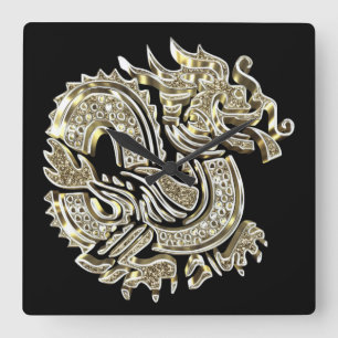Golden Dragon Black and Gold Elegant Vierkante Klok