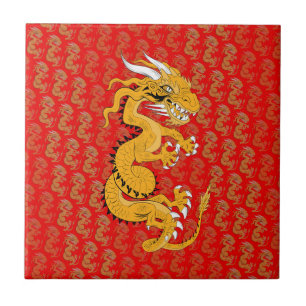 Golden Dragon op rood Tegeltje