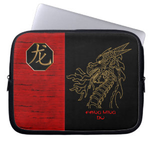 Golden Dragon op zwart en rood - gepersonaliseerd Laptop Sleeve