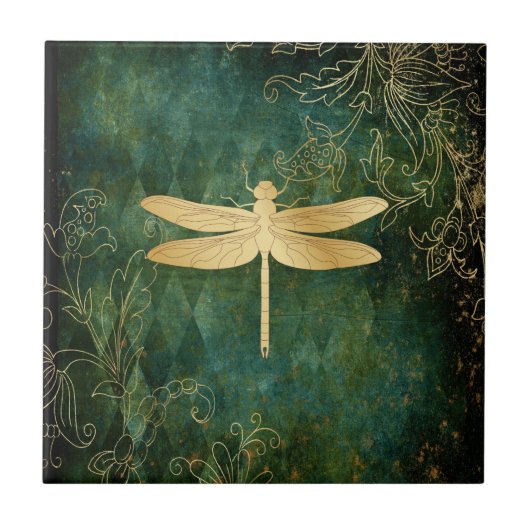 Golden Dragonfly Ceramic Tile Tegeltje (Voorkant)