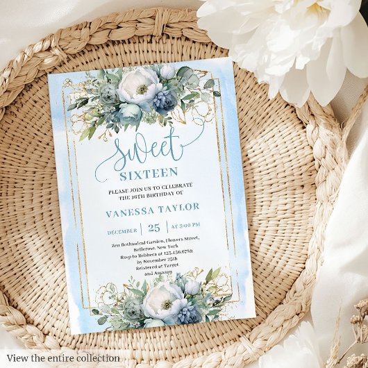 Golden Dusty Blue Blanc Floral Sweet 16 Invitation
