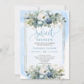 Golden Dusty Blue Blanc Floral Sweet 16 Invitation (Devant)