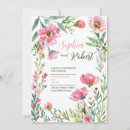 golden Dusty Pink Floral Greenery Wedding Invitati Kaart
