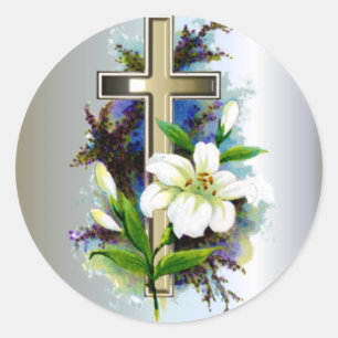 Golden Easter Cross en White Lilly Flowers Ronde Sticker