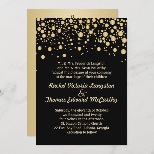 Golden effect confetti zwarte bruiloft kaart (Voorkant / Achterkant)