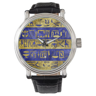 Golden-Egyptische hiërogliefroons patroonblauw Horloge