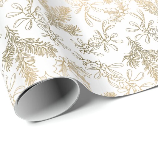 Golden Elegance Engraved Holly, Pine en Mistletoe Cadeaupapier (Rol Hoek)