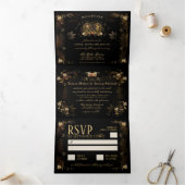 Golden Elegant Skeletons RecEPT & NON-MENU RSVP Drieluik Uitnodiging (Binnen)