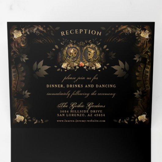 Golden Elegant Skeletons RecEPT & NON-MENU RSVP Drieluik Uitnodiging (Binnenzijde eerst)