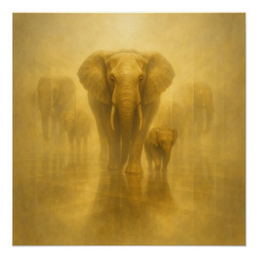 Golden Elephant and Calf in a Misty Mirror Realm – Perfect Poster (Voorkant)