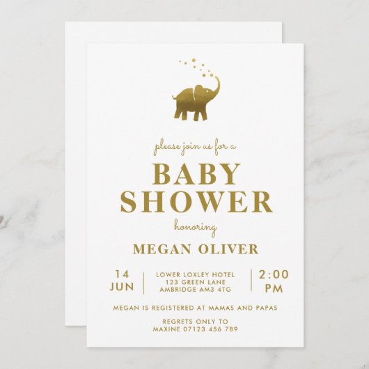 Golden Elephant Baby shower Kaart (Voorkant / Achterkant)