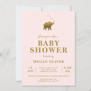 Golden Elephant Blush Pink Baby shower Kaart