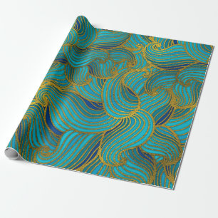 Golden Embossed Swirl Wave Pattern op Blue Cadeaupapier