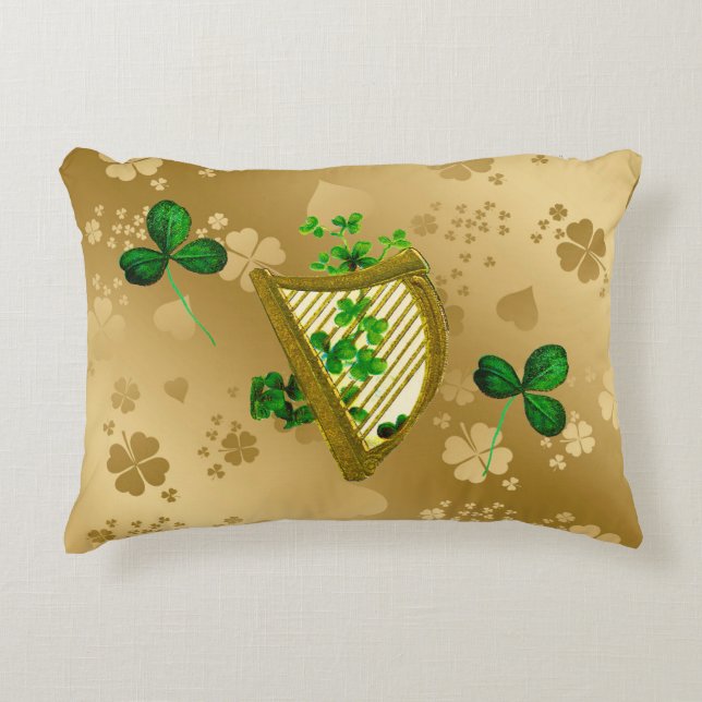 Golden en Green Shamrocks Harp Accent Kussen (Voorkant)