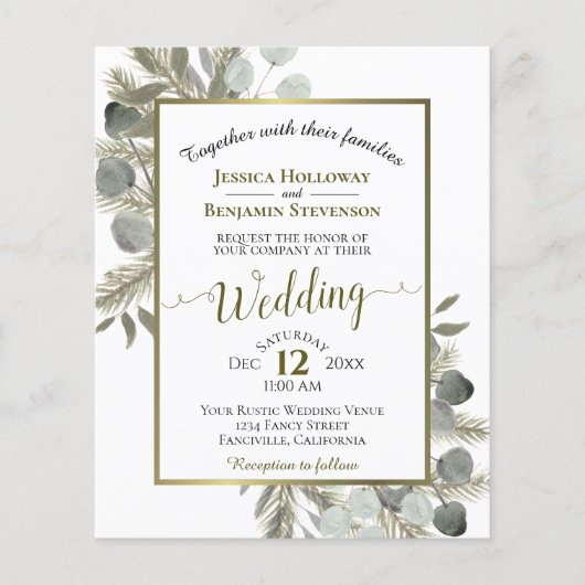 Golden Eucalyptus & Pine BUDGET Weddenschap Uitnod (Voorkant)