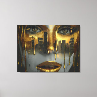 Golden Face Surrealist City Urban Digital Art Canvas Afdruk