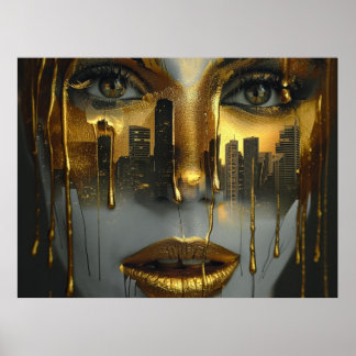 Golden Face Surrealist City Urban Digital Art Poster