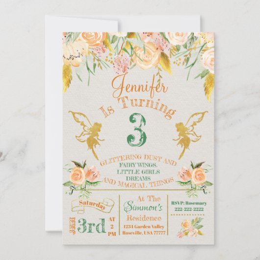 Golden Fairy Floral Birthday Invitation Kaart (Voorkant)