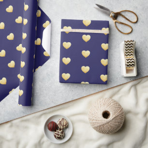 Golden Faux Foil Hearts Pattern on Royal Blue Cadeaupapier