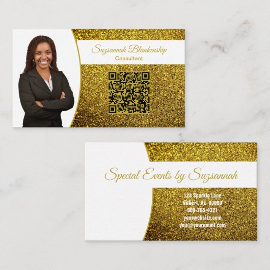 Golden Faux Glitter, Professiona Photo & QR Code Visitekaartje (Voorkant / Achterkant)