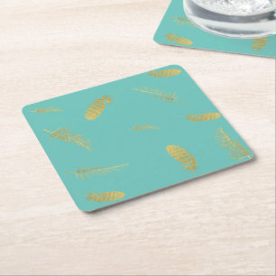 Golden Feathers Aqua Vierkante Kartonnen Onderzetter