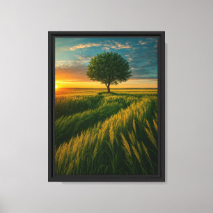Golden Field Sunset Tree Ingelijste Canvas Art Pri Afdruk