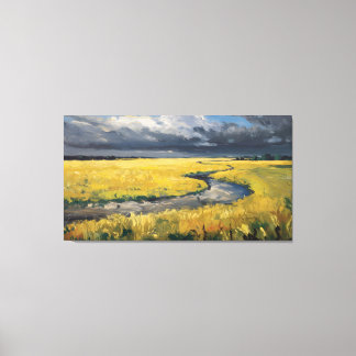 Golden Fields en bewolkte lucht Canvas Afdruk