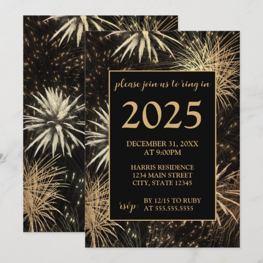 Golden Fireworks Nouvel An Eve Party Invitation (Devant / Derrière)