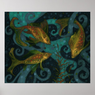 Golden Fish Underwater Animals die zwart Blauwgroe Poster