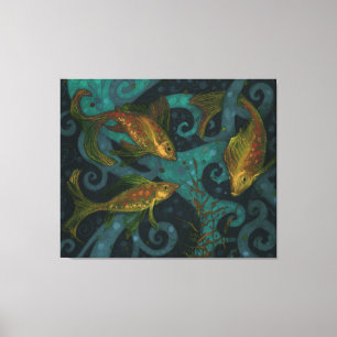 Golden Fish, zwart & Blauwgroen, onderwatercanvas Canvas Afdruk