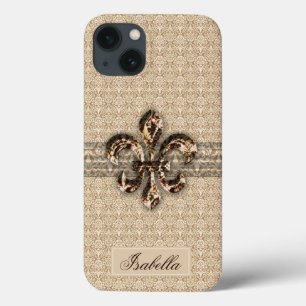 Golden Fleur De Lis met het Cream Damask Pattern iPhone 13 Hoesje