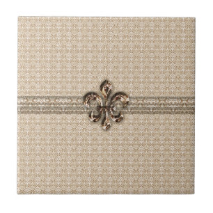 Golden Fleur De Lis met het Cream Damask Pattern Tegeltje