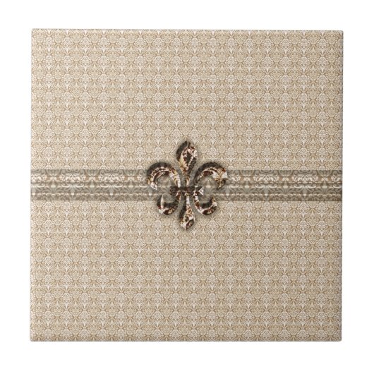 Golden Fleur De Lis met het Cream Damask Pattern Tegeltje (Voorkant)