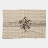 Golden Fleur De Lis met het Cream Damask Pattern Theedoek (Horizontaal)