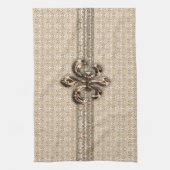Golden Fleur De Lis met het Cream Damask Pattern Theedoek (Verticaal)