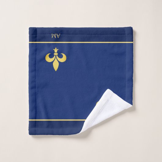 Golden Fleur de Lis & Monogram sur Navy Blue (Gant de toilette)