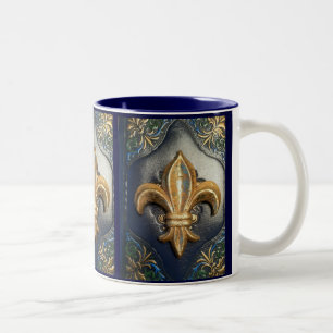 Golden Fleur de lis over de Mok van blauwe afdrukk