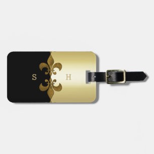 Golden Fleur-de-lis zwarte gouden monogram Bagagelabel