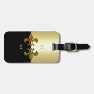 Golden Fleur-de-lis zwarte gouden monogram Bagagelabel