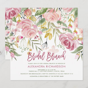 Golden Floral Blush Pink Waterverf Bridal Brunch Kaart