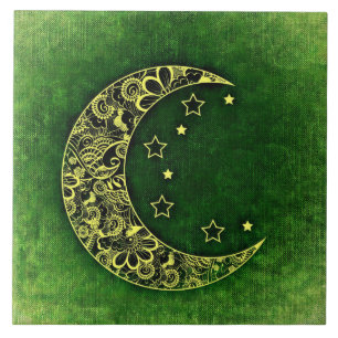 Golden Floral Crescent Moon and Stars on Green Tegeltje