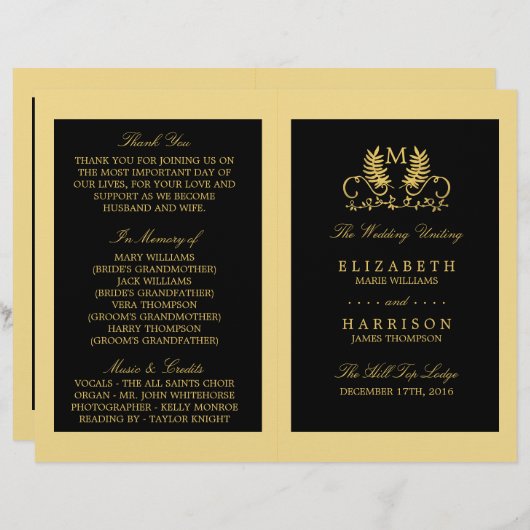 Golden Floral Emblem Wedding Programme (Devant / Derrière)
