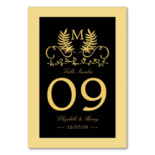 Golden Floral Emblem Wedding Table Number Kaart (Voorkant)