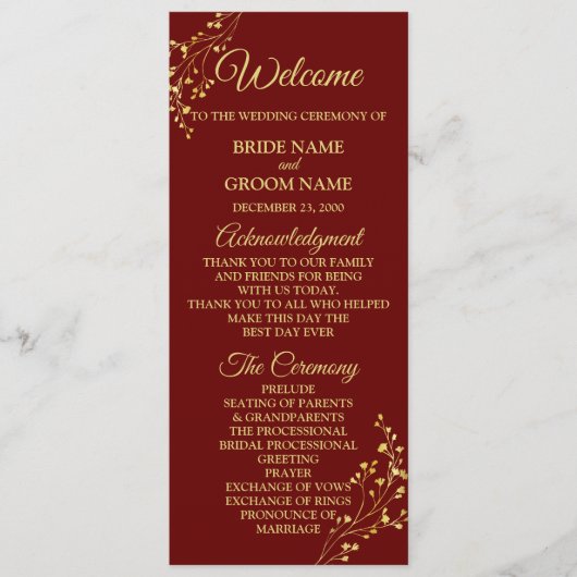 Golden Floral Geometric Wreath Red Wedding Programma (Voorkant)